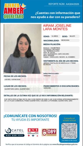 Fiscalía de Querétaro solicita apoyo ciudadano: Alerta AMBER